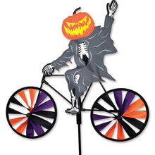 Load image into Gallery viewer, Premier Kites Pumpkin Head on a bicycle spinner Halloween Garden Decoration Orange, purple and black wheels against a white background

