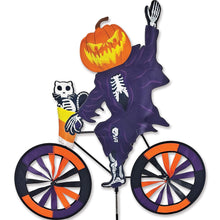 Load image into Gallery viewer, Premier Kites Pumpkin Head on a bicycle spinner Halloween Garden Decoration Orange, purple and black wheels against a white background
