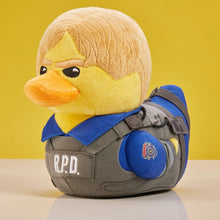 Load image into Gallery viewer, Resident Evil Leon Plush toy duck in R.P.D. uniform with yellow background
