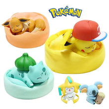 Load image into Gallery viewer, Mini Pokemon Anime Figurines, Sleeping Bean Bag Pikachu Bulbasaur Snorlax Evee Jirachi Komala 6pc Figure Set
