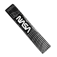 Load image into Gallery viewer, A black and white NASA-branded wristband featuring a dotted pattern, a large white NASA logo, and concentric circular dot designs on a white background.
