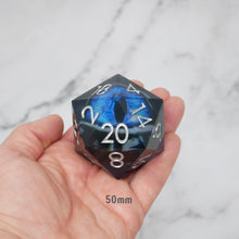 Load image into Gallery viewer, Blue Slaadi&#39;s Eye - Giant D20 Moving Eye DnD Dice | Acrylic RPG Gaming Dice
