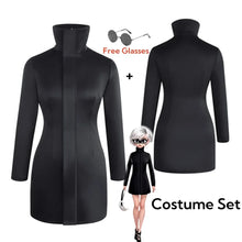 Load image into Gallery viewer, Black dress with long coat and free glasses on a white background
