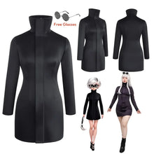 Load image into Gallery viewer, Black dress with long sleeves and high collar, shown on a mannequin and two people, with free glasses text.
