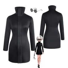 Load image into Gallery viewer, Black dress with long coat, sunglasses, and a small figure wearing the outfit on a white background
