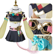 Load image into Gallery viewer, Genshin Varesa Kawaii Fantasy Cosplay costume with detailed accessories on a mannequin, showing close-ups of decorative elements.
