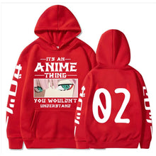 Load image into Gallery viewer, Red hoodie with anime-themed design on front and back
