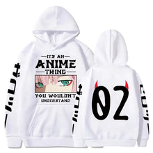 Load image into Gallery viewer, White hoodie with anime-themed design and text on a white background
