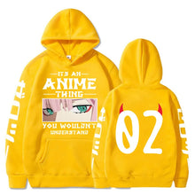 Load image into Gallery viewer, Yellow hoodie with anime-themed design on front and back
