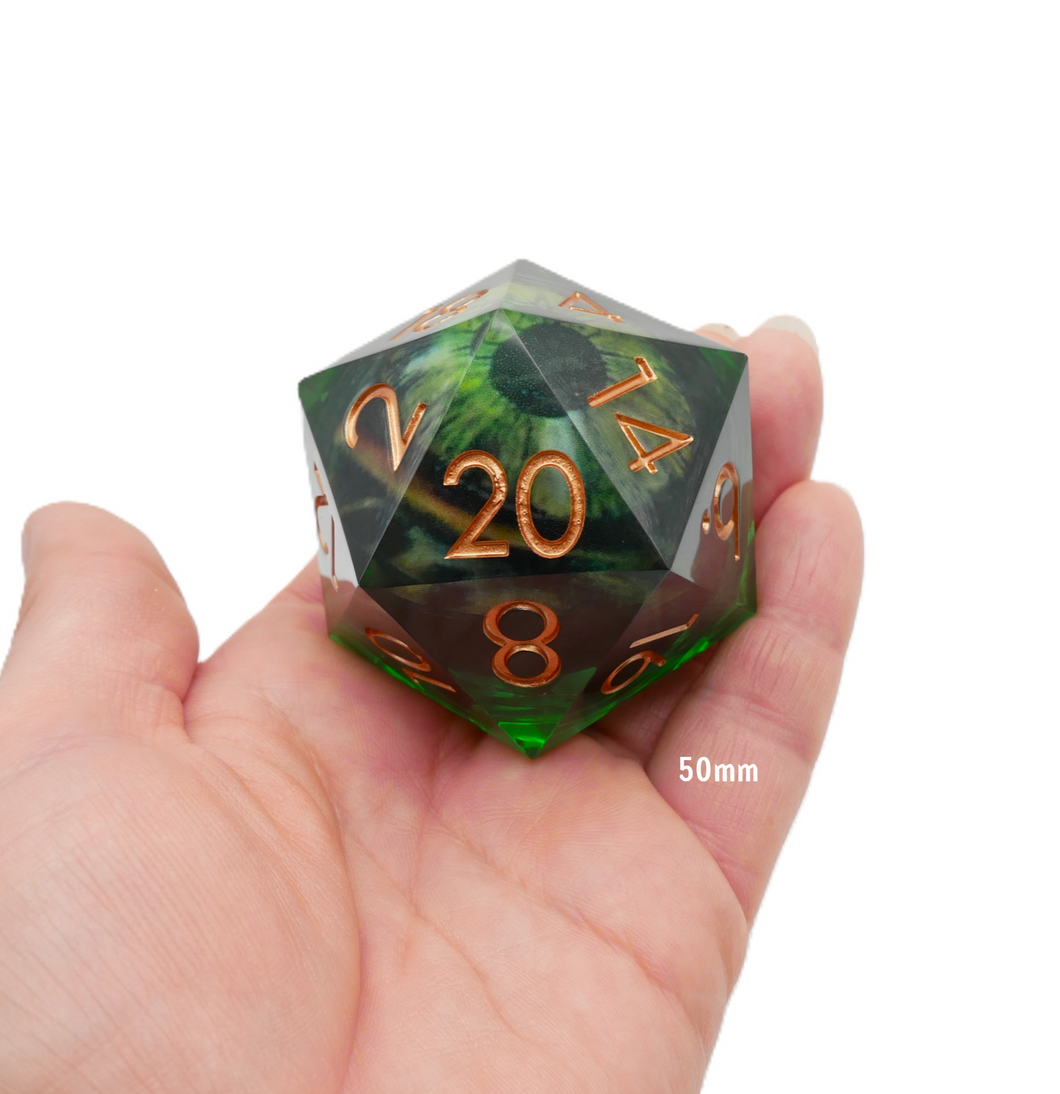 Green Slaadi's Eye - Giant D20 Moving Eye DnD Dice | Acrylic RPG Gaming Dice