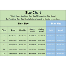 Load image into Gallery viewer, Size chart for shirts and skirts with measurements in centimeters and inches.
