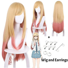 Load image into Gallery viewer, Long blonde to pink gradient wig on a mannequin with additional accessories including earrings and pins.
