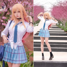 Load image into Gallery viewer, Kitagawa Marin My Dress-Up Darling School uniform with white shirt, blue tie, and plaid skirt on a person with orange hair.

