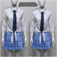 Load image into Gallery viewer, Kitagawa Marin My Dress-Up Darling School uniform with white shirt, blue tie, and plaid skirt on mannequins.
