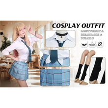 Load image into Gallery viewer, Cosplay outfit with white shirt, blue tie, and plaid skirt displayed with accessories.

