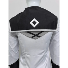 Load image into Gallery viewer, Back view of Homura Akemi Cosplay costume white and black outfit with a diamond emblem on a mannequin.
