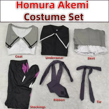 Load image into Gallery viewer, Homura Akemi costume set with coat, underwear, skirt, stockings, ribbon, and tie on a textured gray background.
