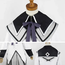 Load image into Gallery viewer, Sailor uniform with black and white collar and purple ribbon on a mannequin against a white background.
