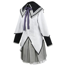 Load image into Gallery viewer, Cosplay costume with white top, black sleeves, and gray skirt on a white background
