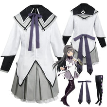 Load image into Gallery viewer, Homura Akemi Cosplay costume with white shirt, black collar, gray skirt, and purple accents, including a character illustration.
