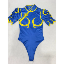 Load image into Gallery viewer, Blue leotard with yellow accents on a white background
