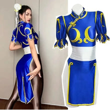 Load image into Gallery viewer, street fighter kawaii clothing Chun Li Blue and yellow costume with accessories on a white background, 
