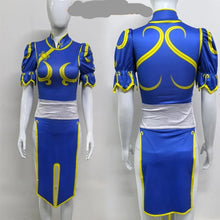 Load image into Gallery viewer, street fighter kawaii clothing Chun Li Blue and yellow costume on a white background, 
