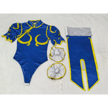 Load image into Gallery viewer, street fighter kawaii clothing Chun Li Blue and yellow costume with accessories on a white background, 
