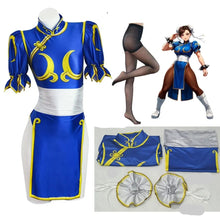 Load image into Gallery viewer, street fighter kawaii clothing Chun Li Blue and yellow costume with accessories on a white background, 
