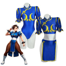 Load image into Gallery viewer, street fighter kawaii clothing Chun Li Blue and yellow costume on a white background, 
