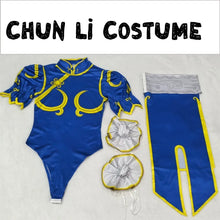 Load image into Gallery viewer, street fighter kawaii clothing Chun Li Blue and yellow costume with accessories on a white background, 
