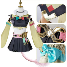 Load image into Gallery viewer, varesa genshin Cosplay costume on a mannequin with close-up details of belt and bow.
