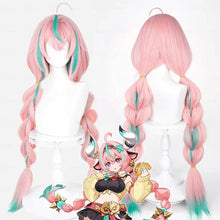 Load image into Gallery viewer, Pink and green braided wig on a mannequin with an anime-style character illustration below.
